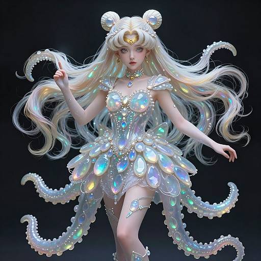 Digital CGI anime-style girl with long white hair, wearing a shimmering, iridescent dress with glowing gem-like patterns, black background.