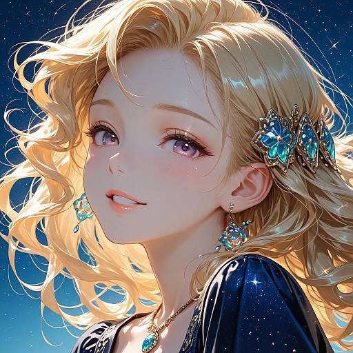 Blonde Girl with Jewelry and Starry Background