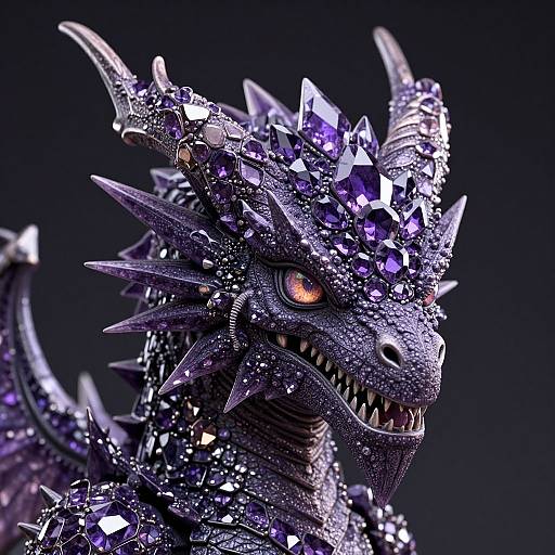 Digital art of a fierce, purple-scaled dragon with glittering crystals, sharp horns, and glowing orange eyes against a dark background.