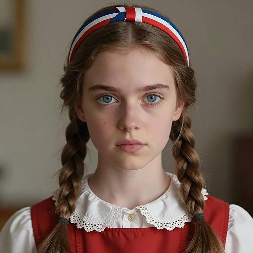 Young girl in British costume with braided pigtails
