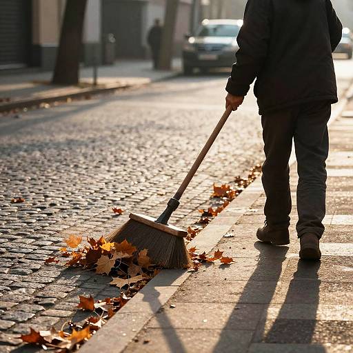 Dawn Street Sweeping with Autumn Leaves