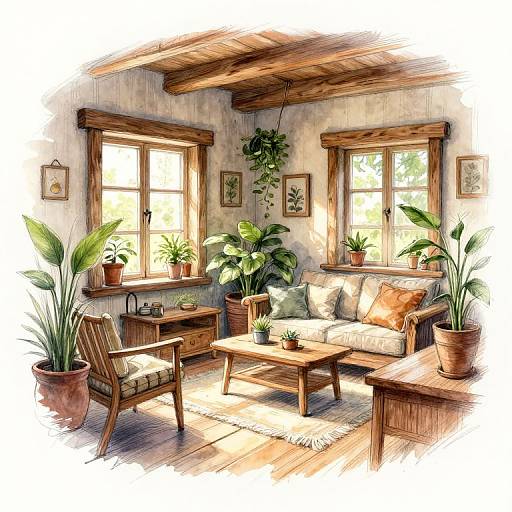 Cozy, sunlit living room with wooden ceiling beams, two windows, potted plants, wooden furniture, and cushions; warm, inviting atmosphere.