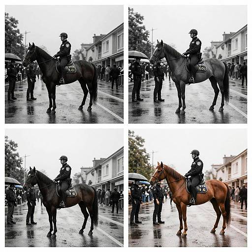 Photograph collage of four rainy street scenes, featuring a police officer on horseback in black uniform, brown and black horses, with people and umbrellas