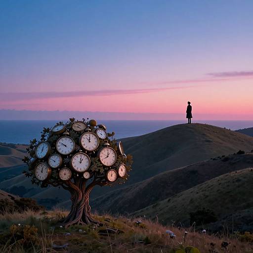Photograph of a person silhouetted on a hilltop, overlooking a landscape with a unique tree adorned with multiple clock faces, against a pink