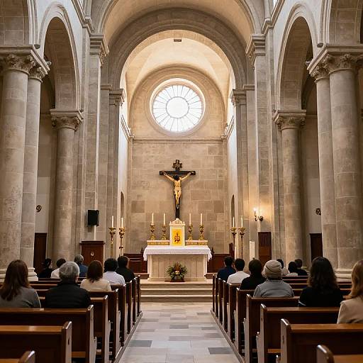 Photograph of a dimly lit, stone Gothic-style church interior with an altar featuring a crucifix, candles, and a circular stained-glass window