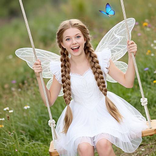 Photograph of a smiling young girl with braided brown hair, wearing a white fairy dress and transparent wings, sitting on a wooden swing, with a