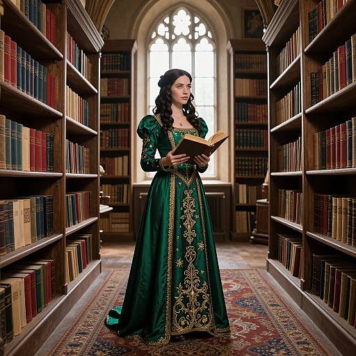 Photograph of a woman with long black hair in an ornate green dress with gold patterns, reading a book in a dimly lit, arched