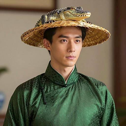Young Asian Man with Straw Hat and Alligator