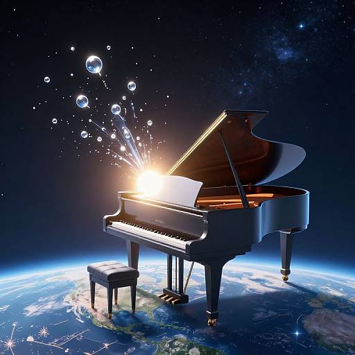 Digital art: Grand piano with glowing, sparkling notes emerging from its strings, set on a floating Earth in space.