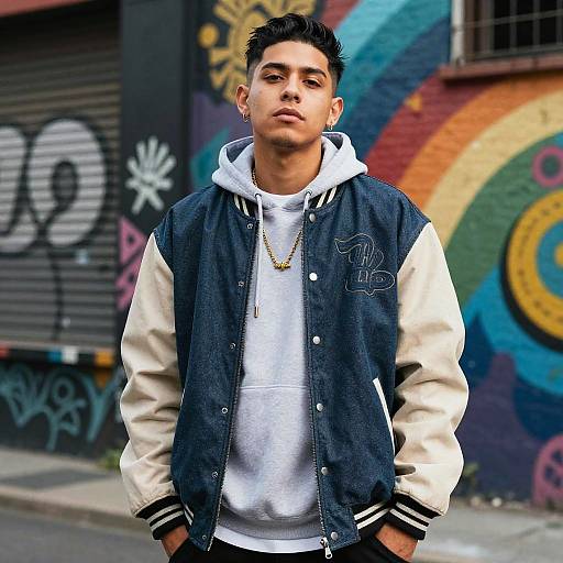 Photograph of a young man with short black hair, wearing a dark blue and white varsity jacket, white hoodie, and gold chain, standing in