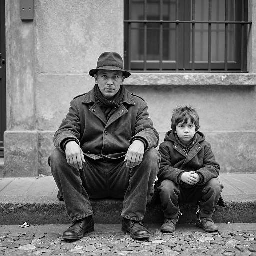 Black and White Portrait of Man and Child Sitting on Sidewalk