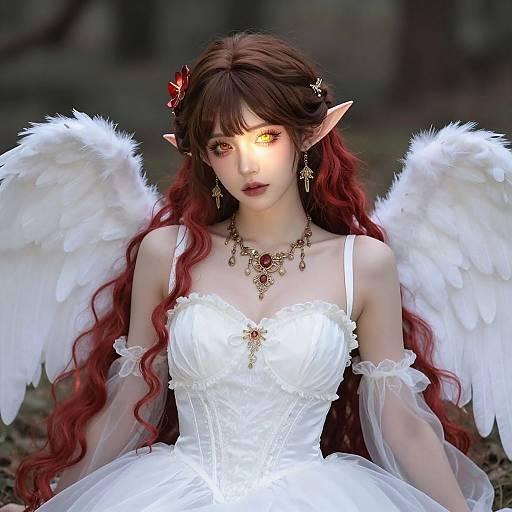 Digital artwork of an elf-like woman with long red hair, white angel wings, glowing yellow eyes, and wearing a white, lace-trimmed dress