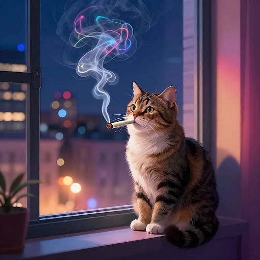 Photograph of a tabby cat with a lit cigarette, blue and pink smoke swirling, sitting by a window at night. City lights blurred in the