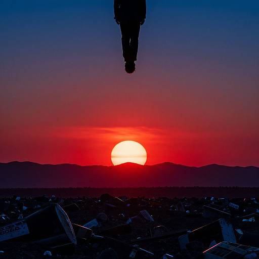 Photograph of a vivid sunset with a red-orange sky, silhouetted mountains, and a hovering motorcycle above a graveyard.