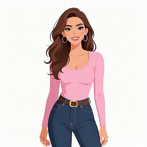 Digital illustration of a smiling woman with long brown hair, wearing a pink long-sleeve top, blue jeans, and a brown belt, against a