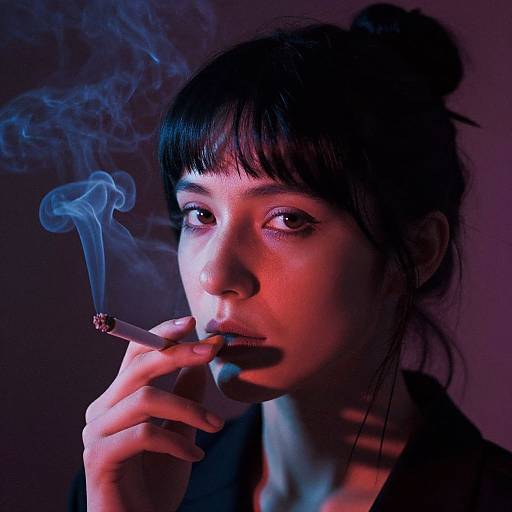 Photograph of a woman with dark hair in a messy bun, smoking a cigarette, illuminated by purple and blue lights, with swirling blue smoke around her