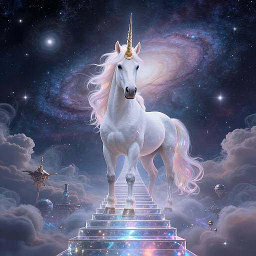 Digital artwork of a glowing white unicorn with a golden horn, standing on a radiant staircase in a starry, cloudy galaxy.