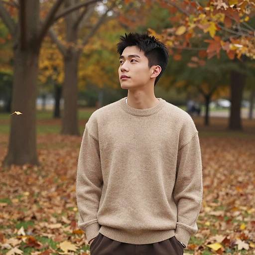Photograph of an Asian male with spiky black hair, wearing a beige sweater and brown pants, standing in an autumn park with fallen leaves and trees