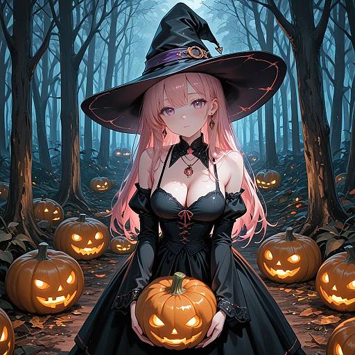 Anime Witch with Jack-o'-Lanterns in Forest