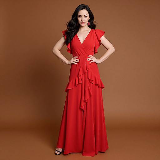 Photograph of a fair-skinned woman with long black hair, wearing a flowing, ruffled, deep-red evening gown, standing against a brown backdrop