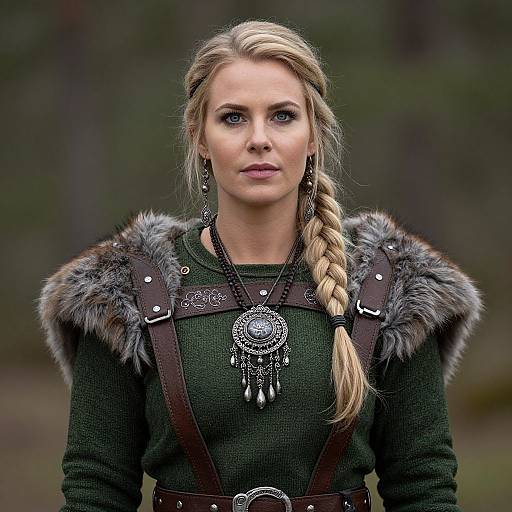 Photograph of a blonde woman with braided hair, wearing a green top, fur-trimmed brown leather vest, and intricate silver necklace, standing