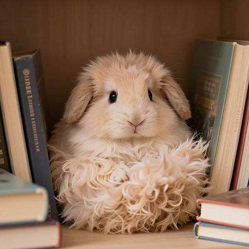 Photograph of a fluffy, cream-colored rabbit sitting among books in a wooden bookshelf, with soft lighting highlighting its fur.