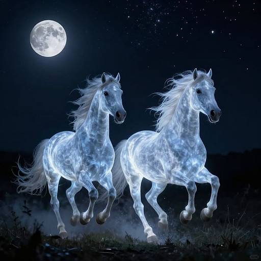 Digital art of two glowing white horses galloping under a full moonlit, starry night sky, with ethereal blue luminescence.