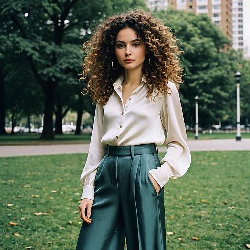 Curly Blowout Hairstyle Woman in Urban Park