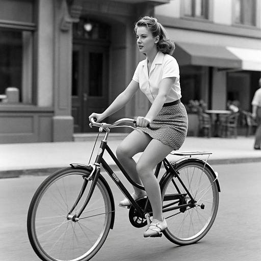 Black-and-white photograph of a 1950s-style woman with wavy hair, wearing a white blouse and checkered skirt, riding a vintage bicycle