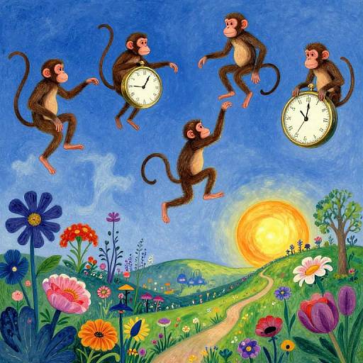 Colorful painting of five monkeys flying in the sky, each holding a clock, above a vibrant meadow with flowers and a bright sun.