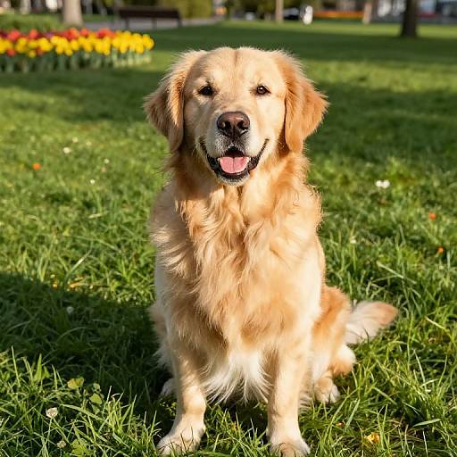 Photograph of a golden retriever sitting on green grass, tongue out, with yellow and orange flowers in the blurred background. Bright sunlight highlights the dog