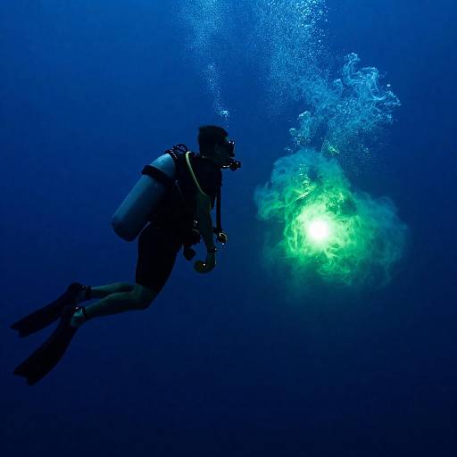 Silhouetted Diver Amid Bioluminescent Smoke