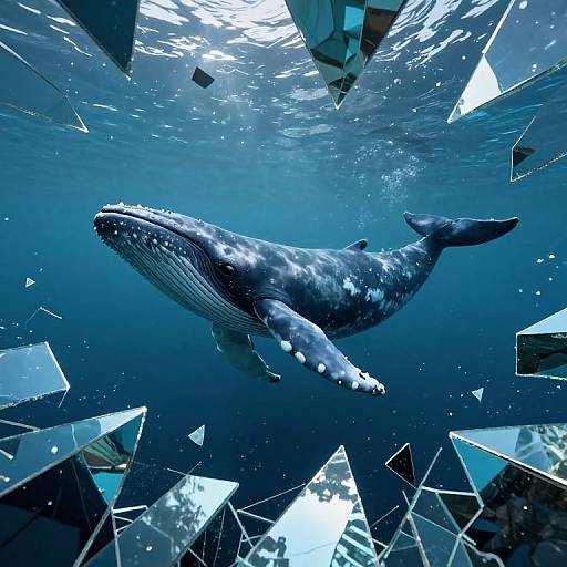 Digital artwork of a massive, dark blue whale with white speckles swimming through a surreal underwater scene of floating, reflective, angular glass shards.