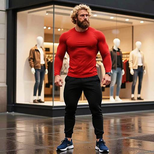 Photograph of a muscular, bearded man with curly blonde hair wearing a red long-sleeve shirt, black pants, and blue sneakers, standing