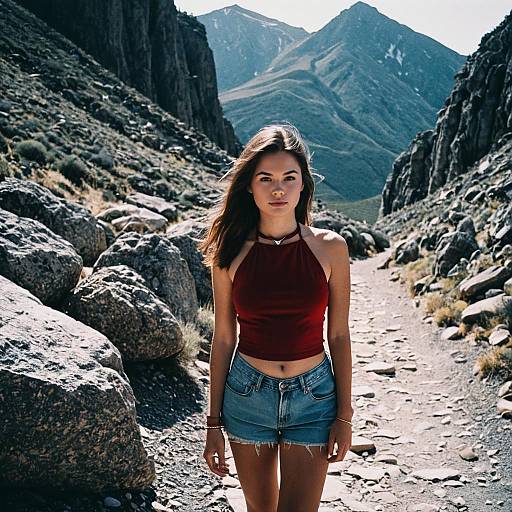 Stylish Woman on Rocky Mountain Path