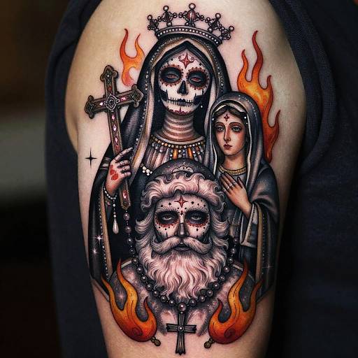 Tattoo of a skeletal nun with crown, holding a cross, surrounded by a young woman, and an aged bearded man with flames, all