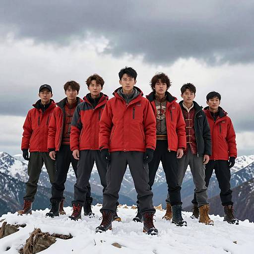 Photograph of seven Asian men standing in a snowy mountain landscape, wearing red and black jackets, dark pants, and brown boots. Overcast sky in