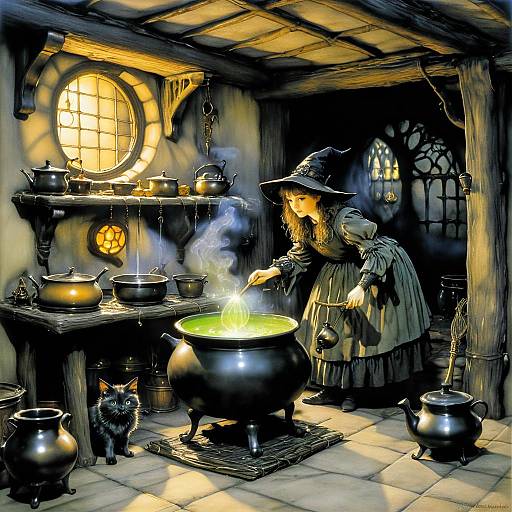 Witch Brewing Potion in Spooky Cottage