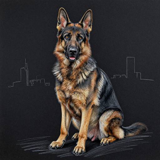 Digital drawing of a German Shepherd with detailed fur texture, sitting against a black background with a city skyline silhouette.