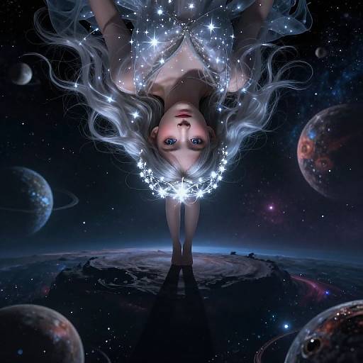 Digital art of a pale-skinned woman with long white hair, upside-down, surrounded by stars, floating above a planet in space.