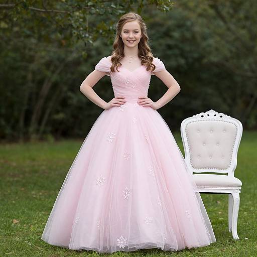 Photograph of a smiling young woman with long brown hair, wearing a pink, floral-embellished ball gown, standing in front of a white