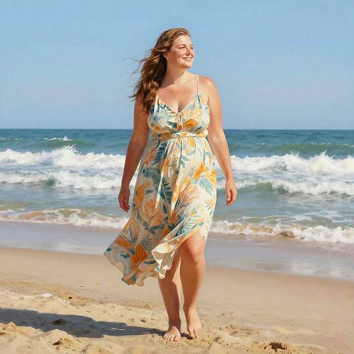 Photograph of a smiling woman with long brown hair in a floral sundress walking barefoot on a sunny beach with waves.