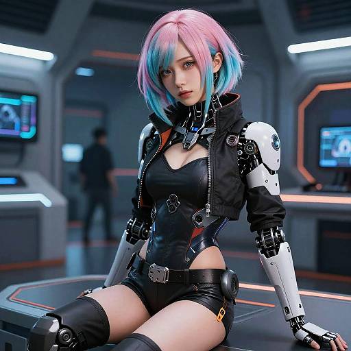 Cyberpunk Female Cyborg with Multicolored Hair