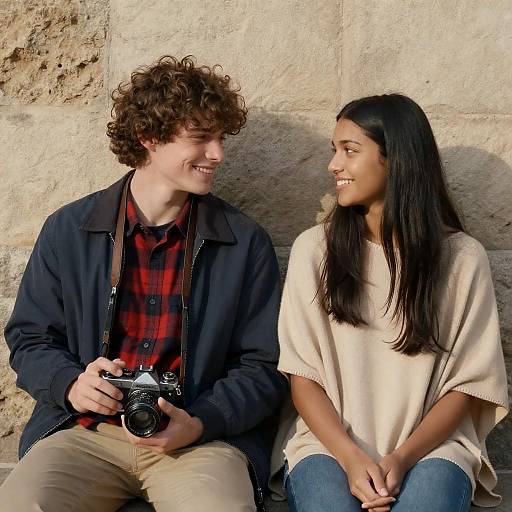 Young Couple Sitting Against Stone Wall with Vintage Camera