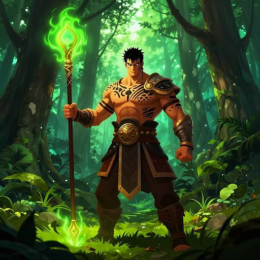 Muscular warrior with black hair, tribal tattoos, and dark armor stands in a glowing, enchanted forest, holding a green flame-tipped staff. Digital