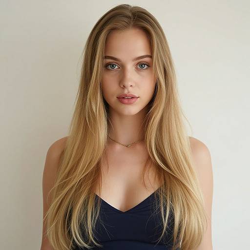 Photograph of a young woman with long, straight blonde hair, blue eyes, wearing a black V-neck top, and a gold necklace, against a