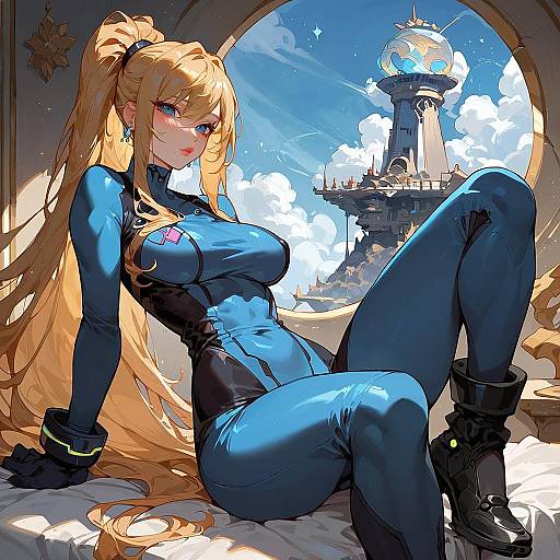 Digital anime-style artwork of a blonde woman in a tight blue bodysuit, sitting indoors with a futuristic tower in the background.