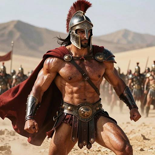 Muscular, shirtless warrior in ancient Greek-style helmet and armor stands confidently in a desert, surrounded by army, with mountains in the background. (