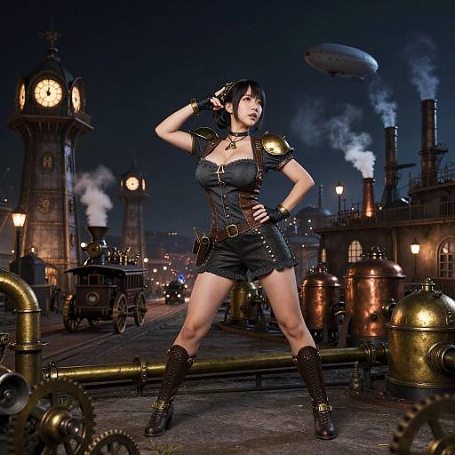 Steampunk Night Scene with Korean Girl