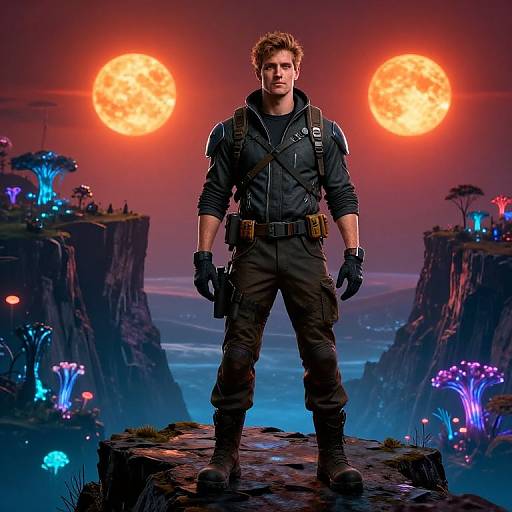 Photorealistic CGI of a muscular man in black tactical gear, standing on a rocky cliff, with glowing red suns and bioluminescent flora